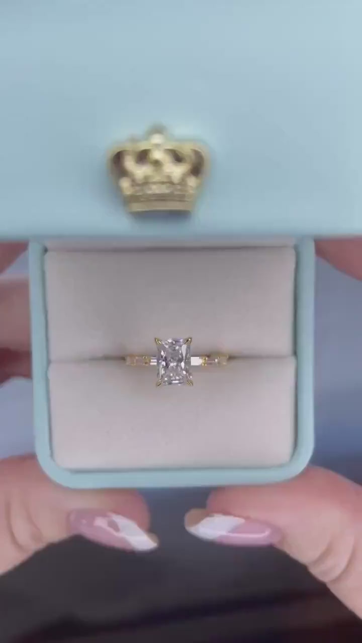 Sterling Silver 925 engagement ring, yellow gold vermeil engagement ring with 2CT radiant cut simulated diamond and baguettes