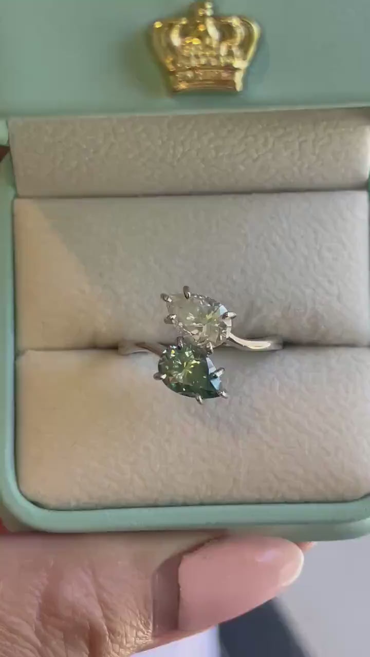 Moissanite Toi et Moi engagement ring. Sterling Silver 925 Toi et Moi with green and white pear cut moissanite, birthstone ring