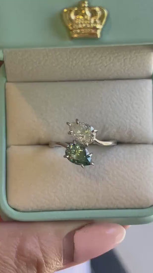 Moissanite Toi et Moi engagement ring. Sterling Silver 925 Toi et Moi with green and white pear cut moissanite, birthstone ring