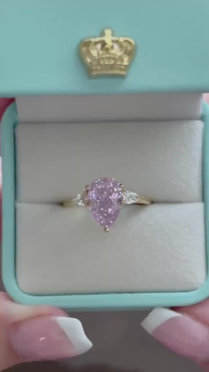 3CT Pink Pear Cut Engagement Ring: Crushed Ice Simulated Diamond, Sterling Silver