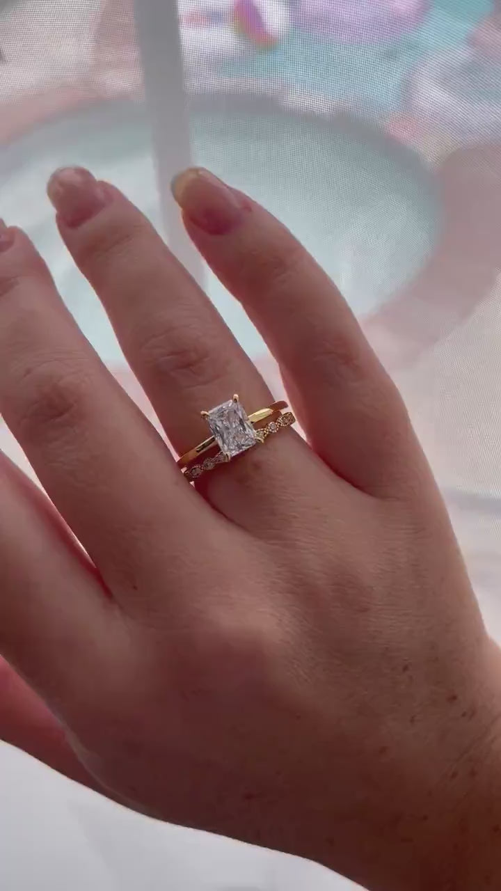 New In! Yellow gold vermeil bridal set with 2CT radiant cut solitaire and art deco half eternity Moissanite band