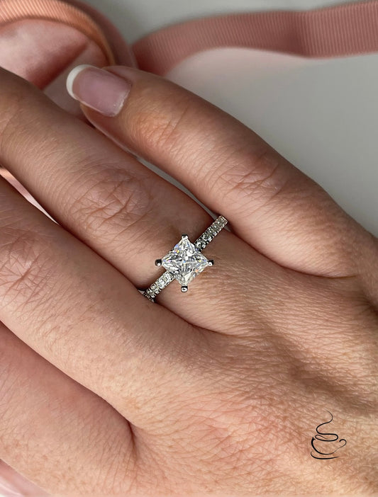 Moissanite. 1.89CTTW Sterling Silver 925 engagement ring with 1.2CT crispy clear princes cut moissanite