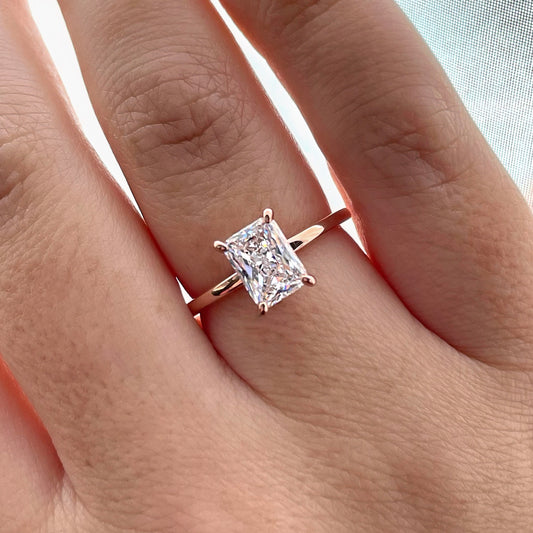 The Alessandra. Rose Gold Vermeil Engagement Ring with 2CT radiant Cut Simulated Diamond